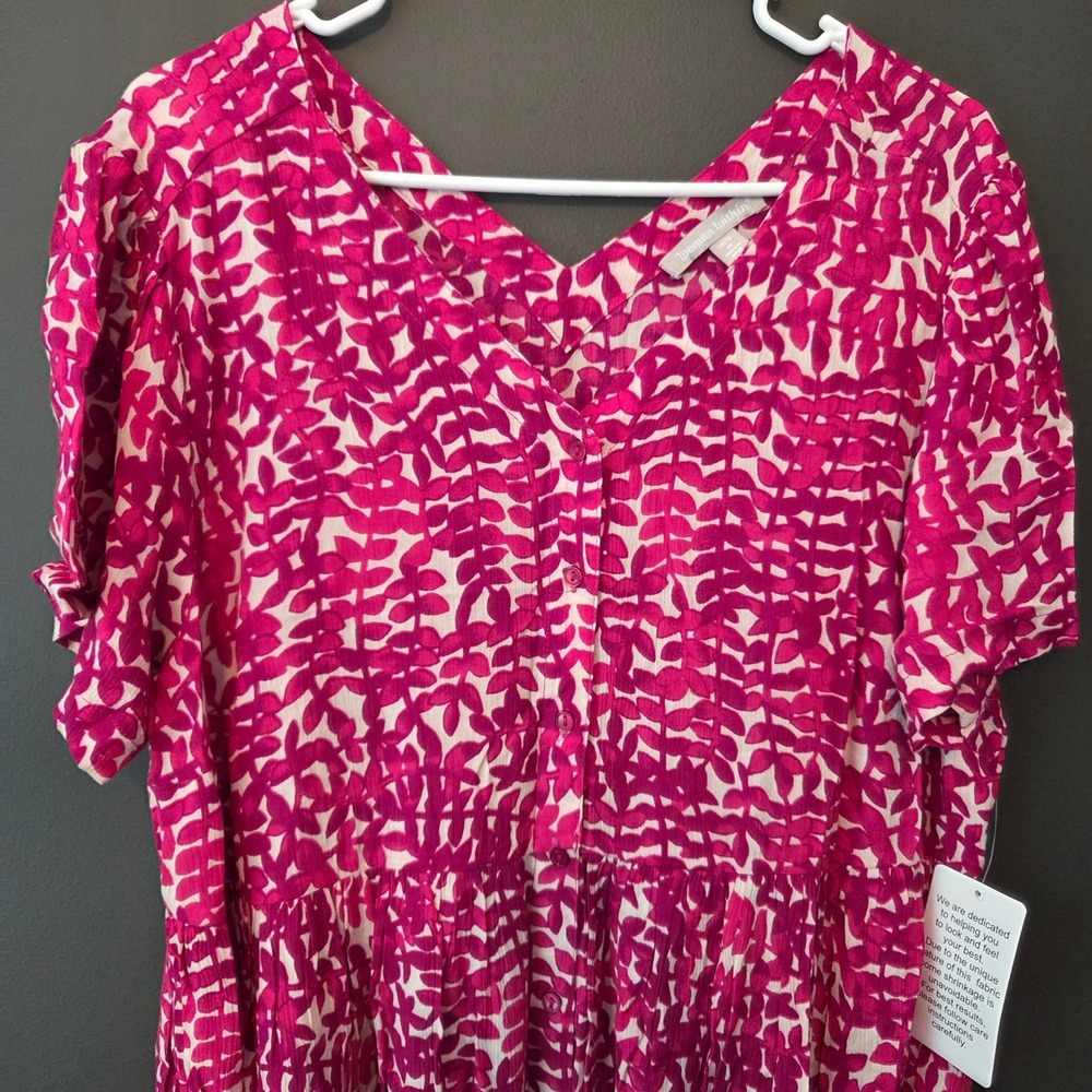 NEW Woman Within Pink Leaf Print Button Front Rayon Babydoll Midi Dress 14/16 - Picture 2 of 7